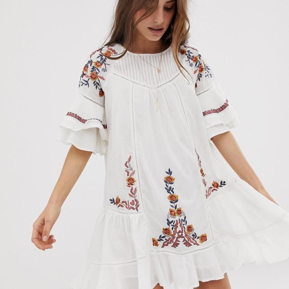 Free People Pablo Embroidered Floral Mini Dress Ruffle Sleeves